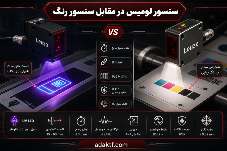 سنسور لومیس Leuze؛ راهنمای جامع سنسور تشخیص رنگ نامرئی و رنگ فسفری