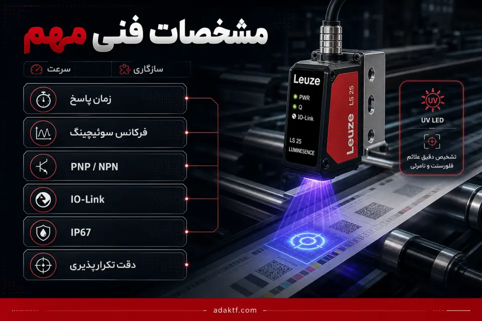مشخصات فنی مهم — سنسور لومیس Leuze؛ راهنمای جامع سنسور تشخیص رنگ نامرئی و رنگ فسفری