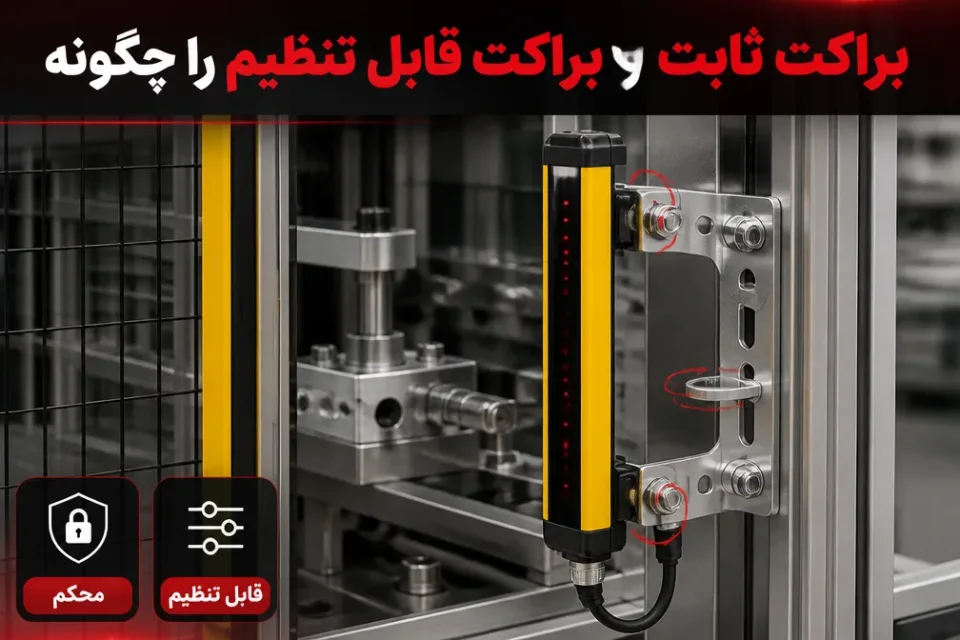 براکت ثابت و براکت قابل تنظیم را چگونه انتخاب کنیم — براکت قابل تنظیم برای نصب پرده نوری ایمنی روی فریم ماشین