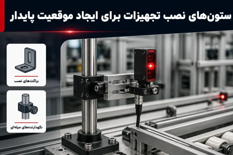 ستون‌های نصب تجهیزات برای ایجاد موقعیت پایدار — براکت شیار‌دار و نگهدارنده میله‌ای برای تنظیم موقعیت سنسور روی ستون نصب