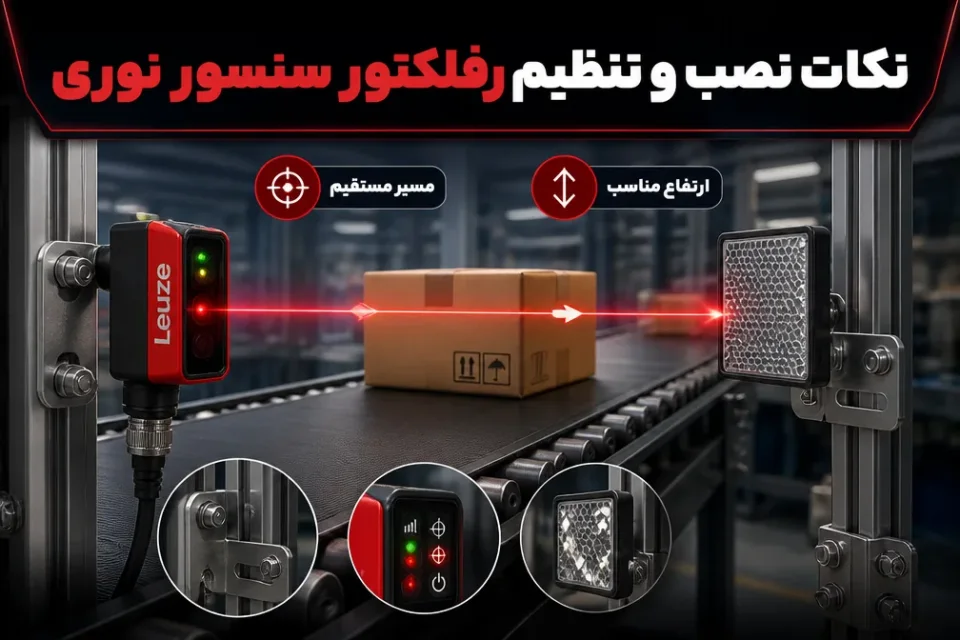 نکات نصب و تنظیم رفلکتور سنسور نوری — نصب رفلکتور و سنسور Retro-Reflective Leuze در کنار نوار نقاله