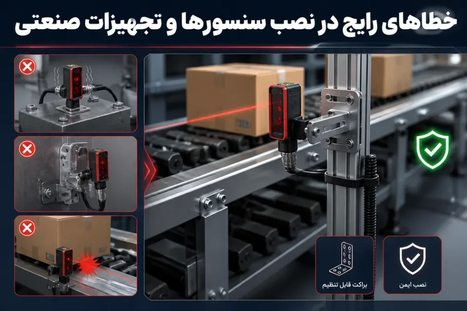 خطاهای رایج در نصب سنسورها و تجهیزات صنعتی — نصب صحیح سنسور روی براکت قابل تنظیم با کابل‌کشی ایمن در نوار نقاله صنعتی